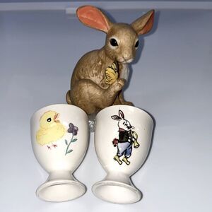 Vintage Egg Cups And Hand Paintedted Ceramic Bunny Rabbit Easter Set